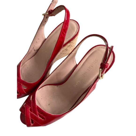 STUART WEITZMAN Red Patent Leather Cork Wedges Sandals Size 7 - Picture 2 of 10